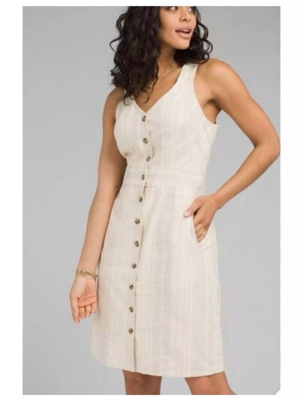 Prana Grace Trail Dress Stone Stripe Sleeveless Button Down Medium